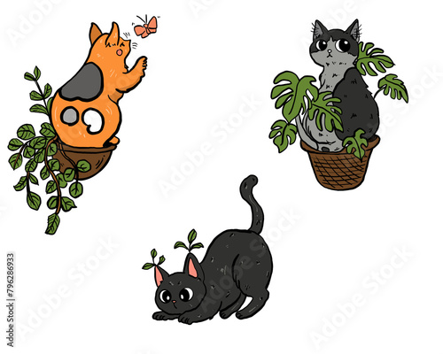 Cat cute cartoon funny with plant leaf isolated icon Color, hand draw.