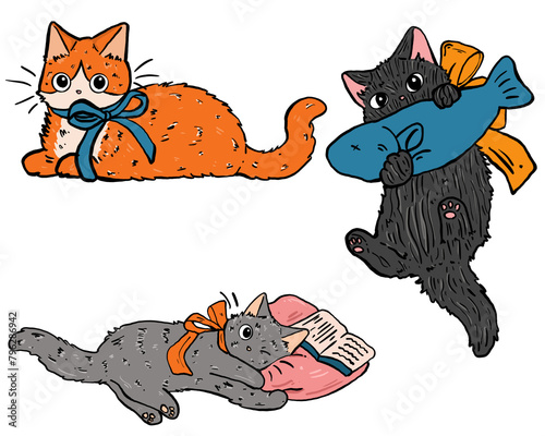 Cat cute cartoon funny with fish isolated icon set Color, hand draw.