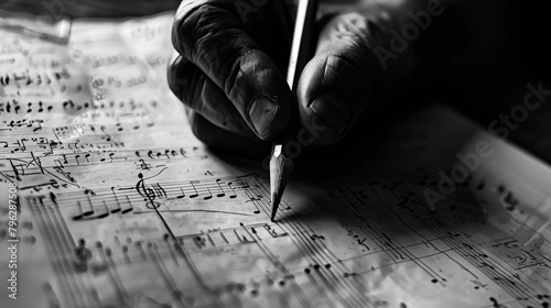A black and white photograph of a hand gripping a pencil tightly scribbling out ledger lines on a sheet of paper showcasing the meticulous and tedious process of notating music. . photo
