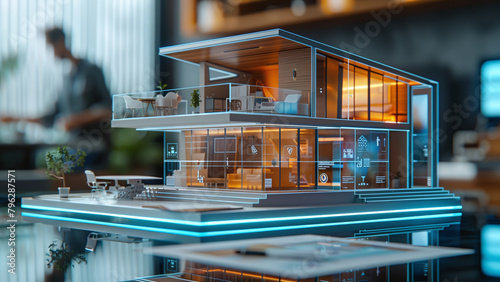 Futuristic Real Estate: Holographic House Model Displayed in Agency, Technological Innovation