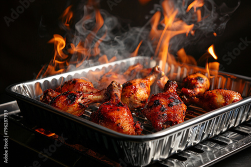 Generative AI Image of Korean Fried Chicken with Hot Fire Flame in Stainless Steel Tray