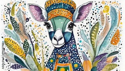 Giraffe portrait. African art card