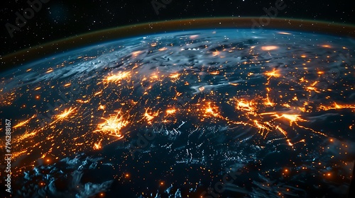 Illustrate a satellite view of the Earth with a glowing network overlay that represents the worldwide renewable energy grid.
