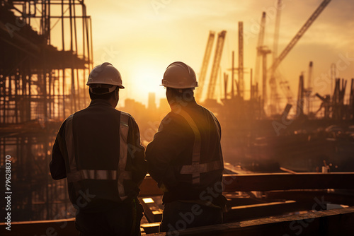 Generative AI picture Portrait of construction worker wearing a protective safety uniform clothes helmet at big building