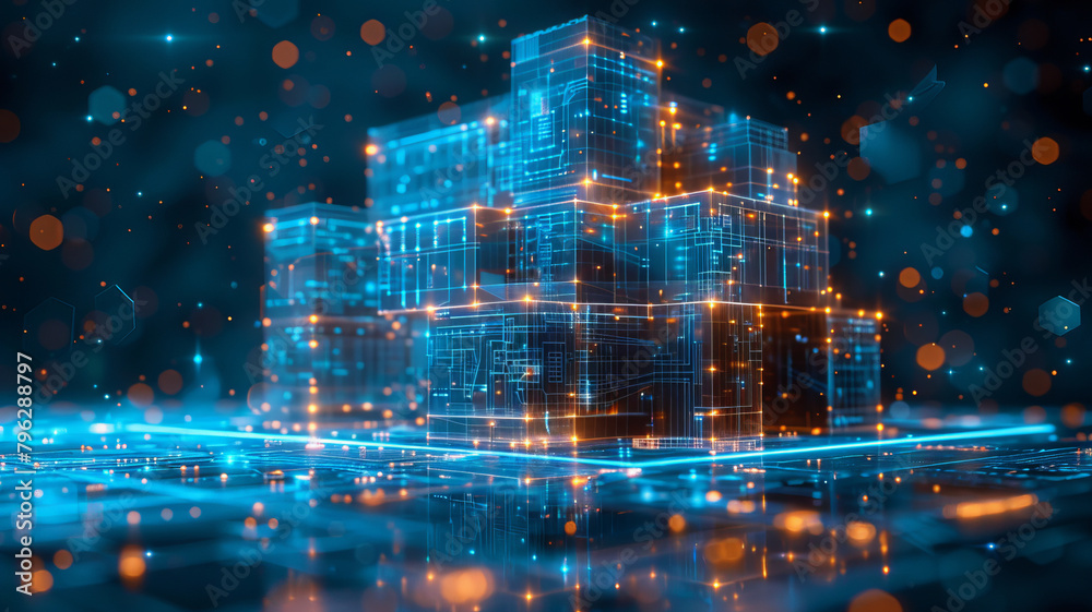 Obraz premium Hologram. Engineer designs building structure on blueprint consisting of 1. icon 2. 2-story building 3. on virtual interface,generative ai