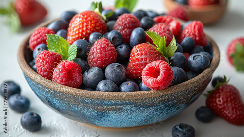 A Beautiful Assortment of Fresh Strawberries  Raspberries  And Blueberries in an Artisanal Blue Bowl  Placed on a Textured Surface
