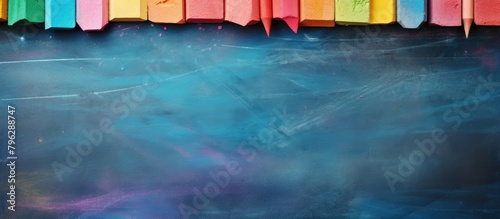 Close-up of colorful chalkboard with assorted pencils photo