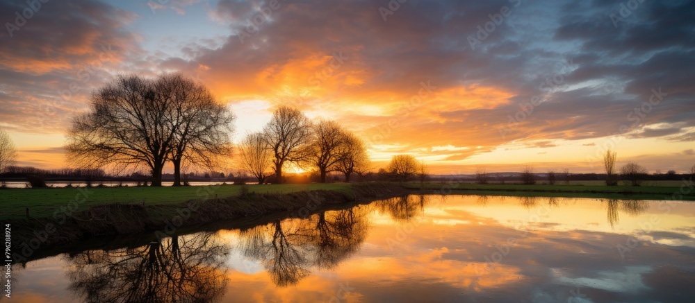 Obraz premium Sunset river view with trees and grass