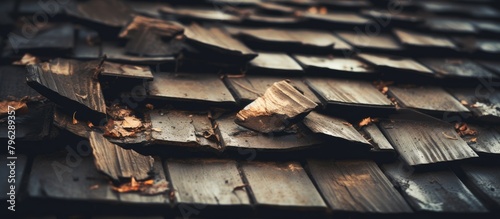 Close-up of wooden shingles on a roof