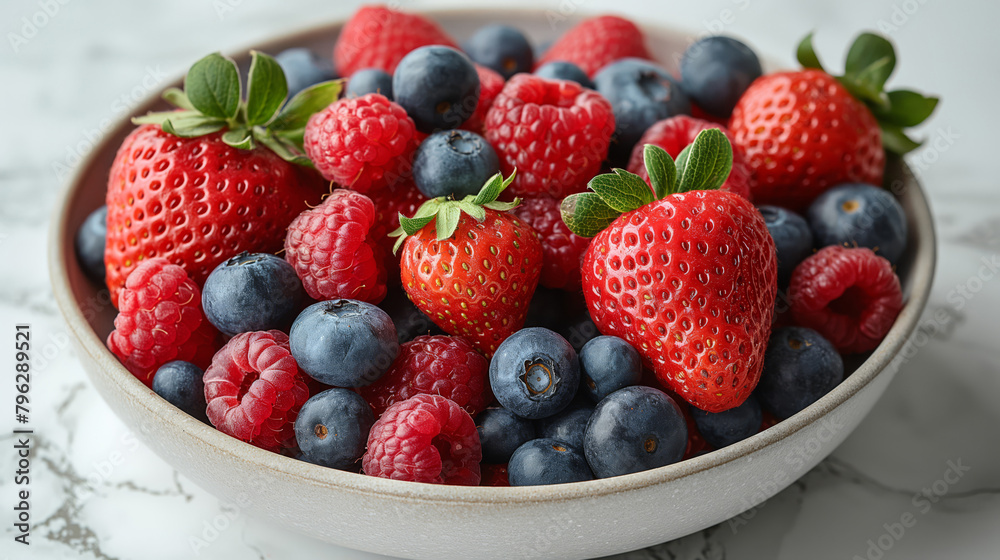 Assorted Fresh Berries in Artisan Bowl on Marble Assorted Fresh Berries in Artisan Bowl on Marble