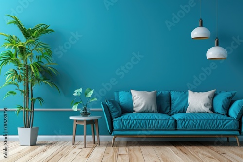 A cozy living room with a blue couch, perfect for interior design projects
