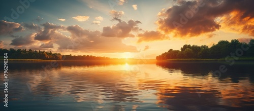A serene lake at sunset with clouds and trees photo