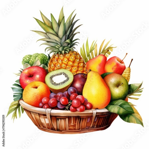 A vibrant assortment of tropical fruits in a basket. watercolor illustration, Perfect for nursery art, simple clipart, fresh food design elements isolated on a white background.