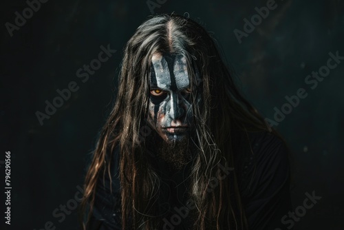 A man with long hair and a face painted black. Suitable for Halloween or artistic concepts