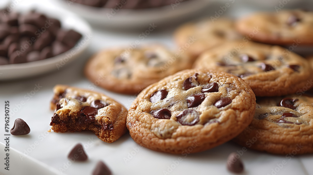 Close-up of Homemade Chocolate Chip Cookies, with Melted Chunks and Whole Cookies, Soft-Focused Background