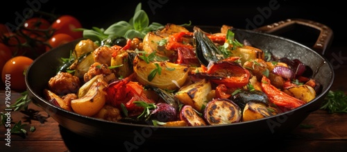 Close Up of Pan with Assorted Vegetables and Herbs
