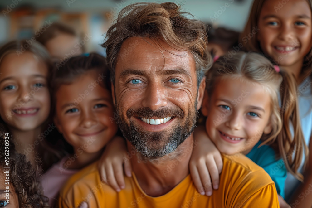 A man with a beard and blue eyes smiles at a group of children. children are all smiling back at him. group of elementary school teacher and students hugging smiling at camera, standing in classroom