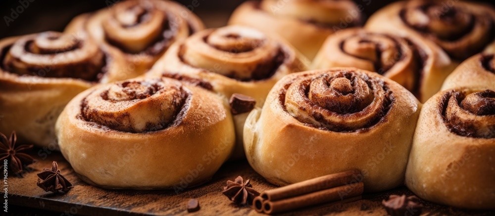 freshly baked cinnamon rolls on wooden surface