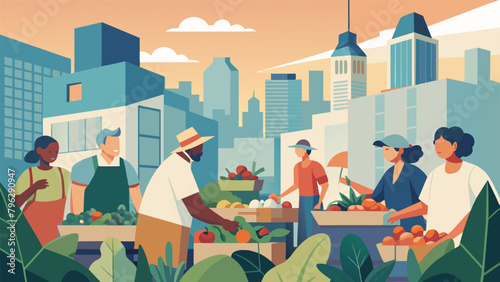 A bustling market scene depicts cartoon characters of all ages eagerly buying and selling their homegrown produce. Amidst the urban highrises a photo