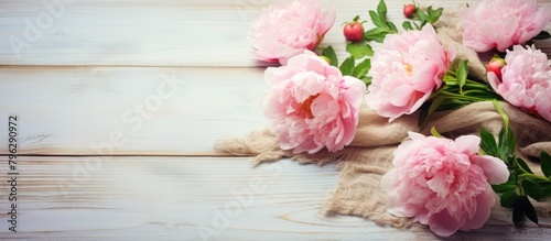 Pink flowers on rustic cloth and wooden table © HN Works