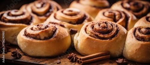 freshly baked cinnamon rolls on wooden surface