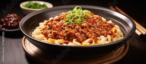 Bowl of noodles with savory meat and fresh vegetables