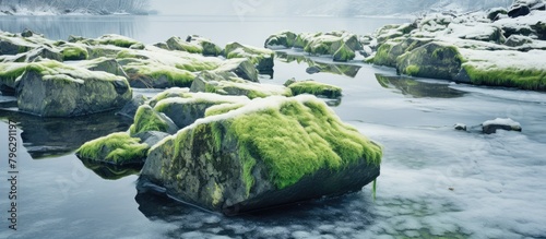 Rocks Covered in Moss on Frozen Lake photo
