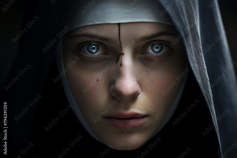 Mysterious religious person nun priest in church robe serious face expression Generative AI illustration Mysterious religious person nun priest in church robe serious face expression Generative AI illustration