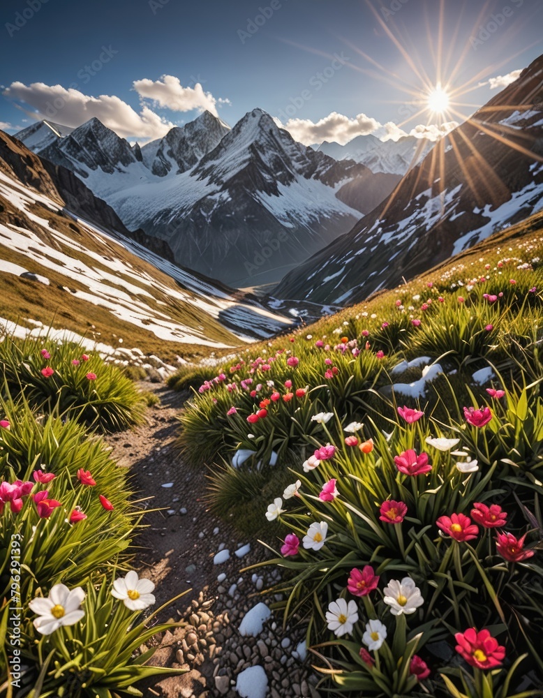 Beautiful mountain landscape with snow and flowers with sun in blue sky - obrazy, fototapety, plakaty 