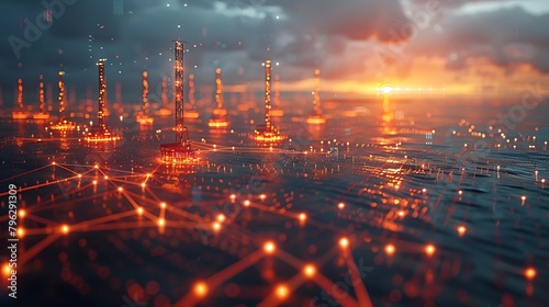 Visualize a futuristic scenario where a network of undersea and aerial cables connect renewable energy installations across the globe.