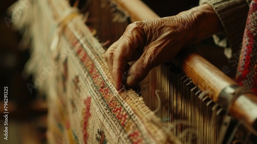 A close-up of a handloom weaver's hands working on a loom, highlighting the intricate details and precision required.