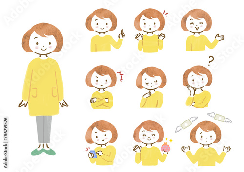 若い女性の色々なポーズと表情手描きイラストセット