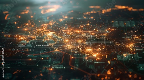 Visualize a high-tech global supply chain operation with satellite views showing real-time tracking of shipments.