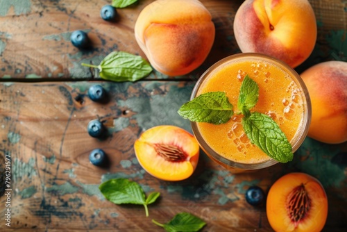 Delicious Peach Smoothie with Fresh Fruits on Wooden Background - Top View of Blended Beverage