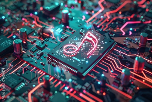 Close up of a circuit board with neon lights, great for technology concepts