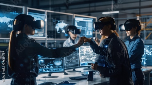  team of engineers working collaboratively in a virtual reality environment, using advanced communication tools to design and prototype new products.  photo