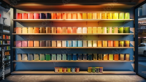 vibrant and eye-catching product display of colorful paint cans, neatly arranged on shelves and illuminated by warm lighting, creating a welcoming and inviting atmosphere. 