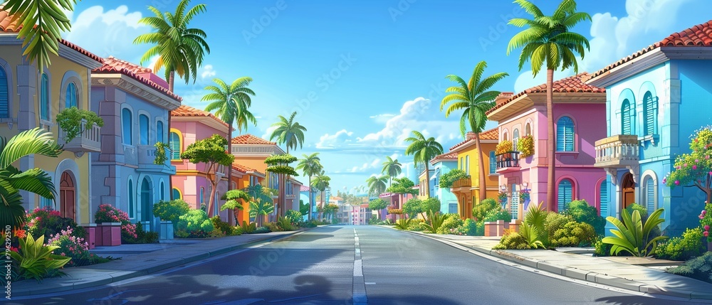 Create a vibrant cartoon illustration of a tropical street with colorful buildings, palm trees, and blue skies, perfect for a wallpaper design 8K , high-resolution, ultra HD,up32K HD