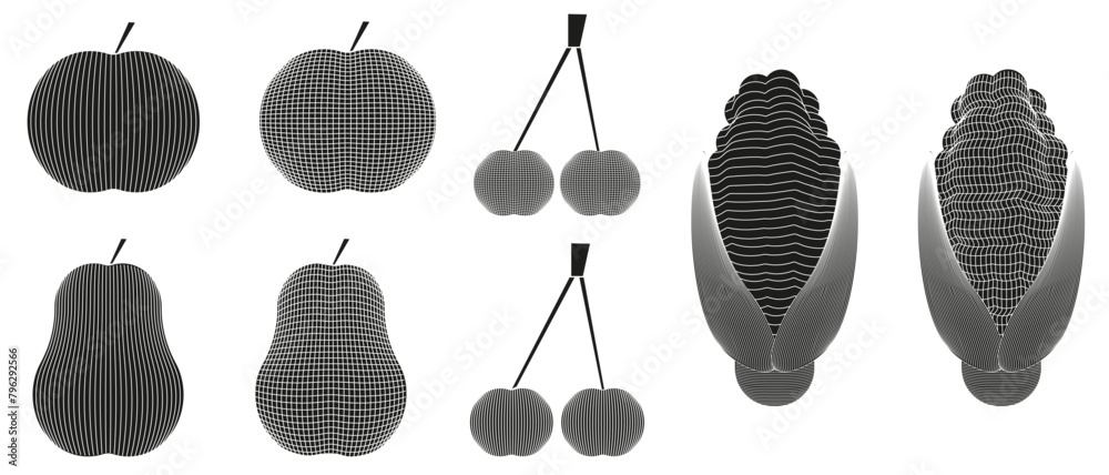 3D Wireframe Shapes fruit and vegetable set isolated white background ...