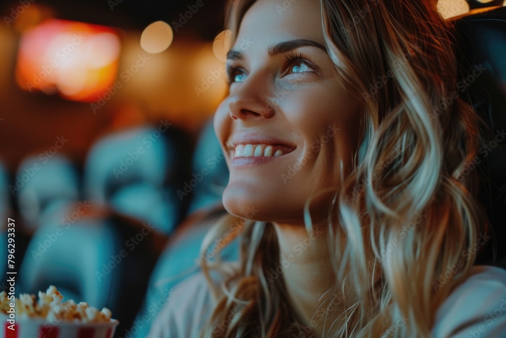 woman watching movie in cinema, eating popcorn. ai generated woman watching movie in cinema, eating popcorn. ai generated