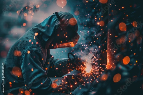 A man in a hoodie welding a piece of metal. Suitable for industrial and construction concepts