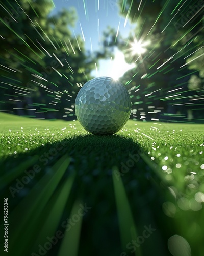 A golf ball zooming through the air, leaving a trail of speed lines behind it, against a backdrop of a lush green golf course 8K , high-resolution, ultra HD,up32K HD photo