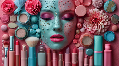Array of colorful makeup products neatly arranged on a pink background in a top-down view