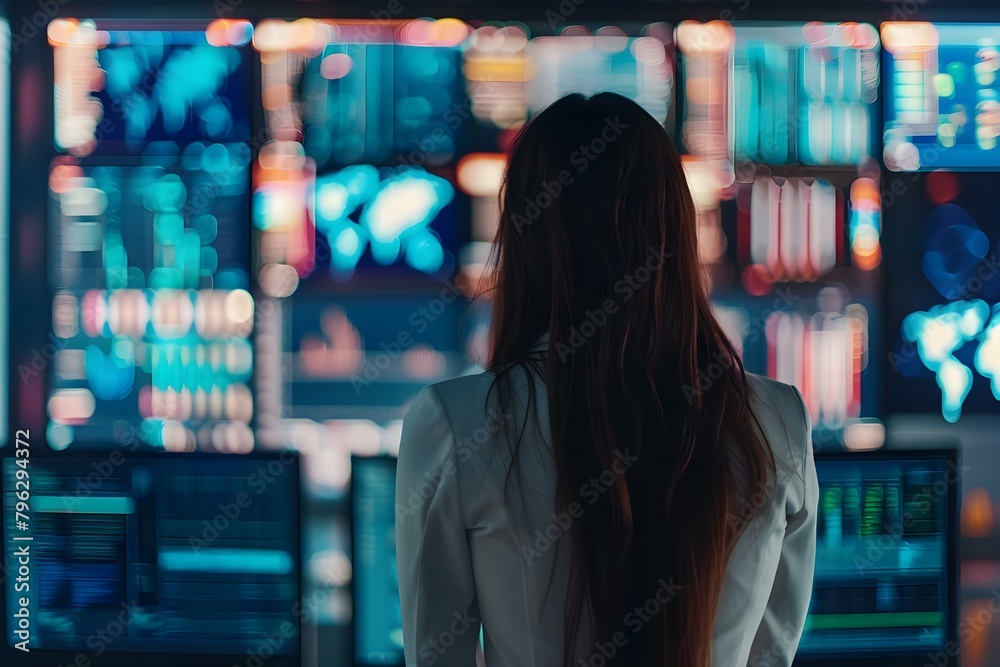 A female cybersecurity analyst monitors network traffic in a hightech security center. Concept Cybersecurity, Network Monitoring, High-Tech Security Center, Female Analyst, Technology Environment