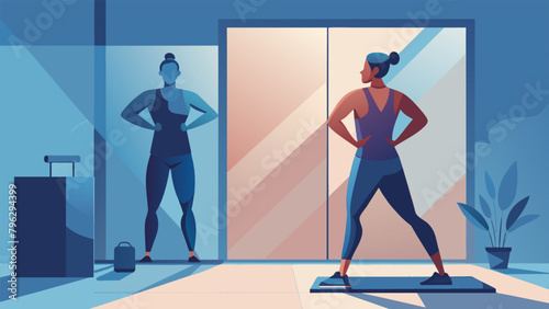 A person stands in front of a mirror their workout clothes drenched in sweat as they catch their breath. However instead of focusing on the