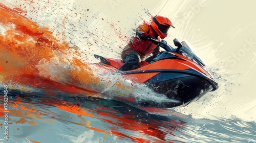 An action-packed scene of a person riding a jet ski, splashing through vibrant, multicolored waters, full of energy and motion.