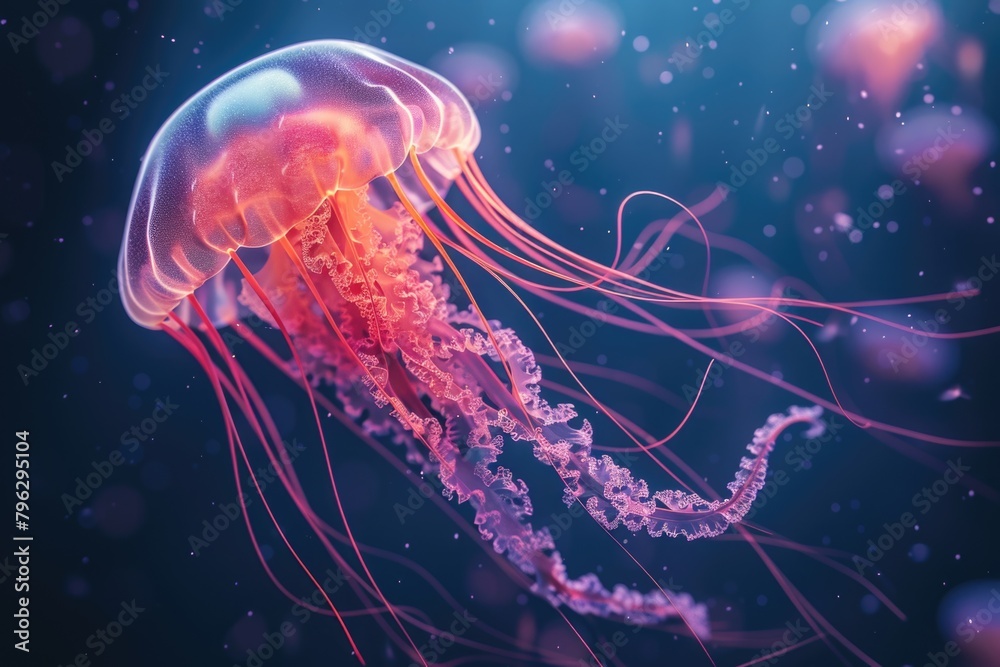 Fototapeta premium A jellyfish floating in water with bubbles. Suitable for marine life concepts