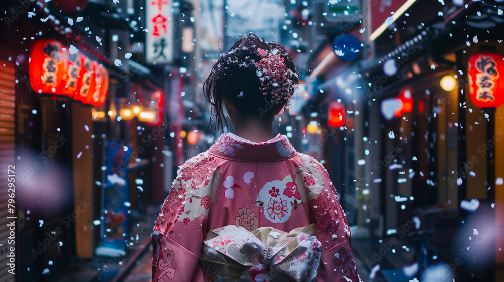 Snowy evening in a traditional Japanese alley with a woman in kimono. Generative AI Snowy evening in a traditional Japanese alley with a woman in kimono. Generative AI