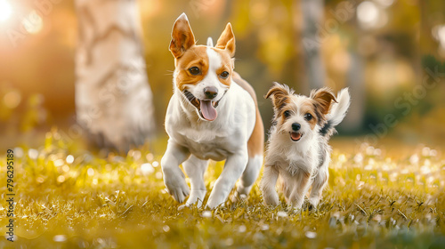 Joyful dogs playing in the golden hour sunlight. Banner with empty copy space. Background for ads. Generative AI