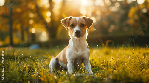 Golden hour serenity with a young Jack Russell Terrier sitting in a sunlit meadow. Generative AI